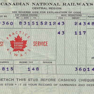 Canadian National Statement of Earnings and Deductions belonging to Frank Mazzuca