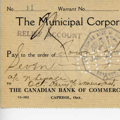 Cheque Written to the Municipal Corporation of the Town of Capreol, 1936 of N. Lepage Danny ofc Women's Institute
