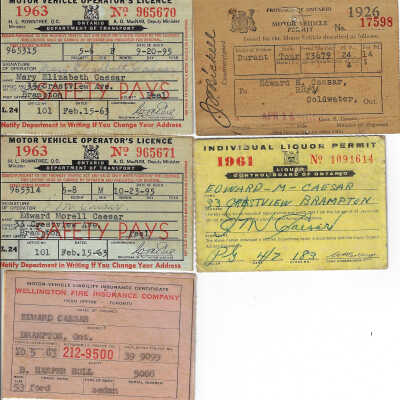 Set of 5 Licences Belonging to Edward and Mary Elizabeth Caesar