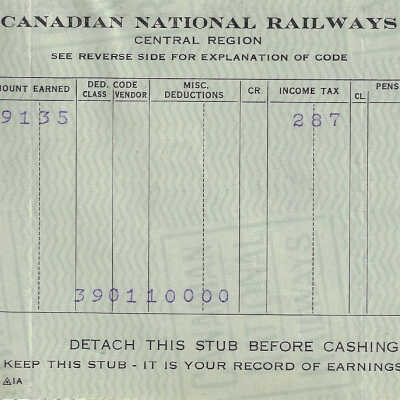 Canadian National Statement of Earnings and Deductions belonging to Frank Mazzuca