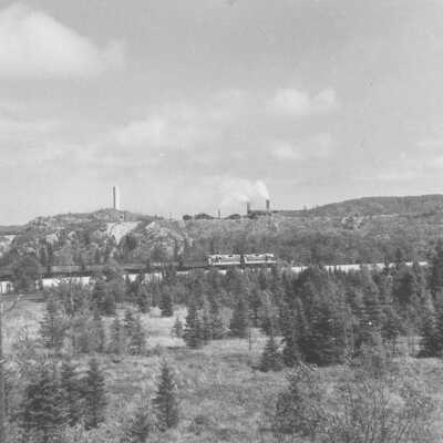Photograph, Algoma Central ore train approaching Wawa from Michipicoten Harbour