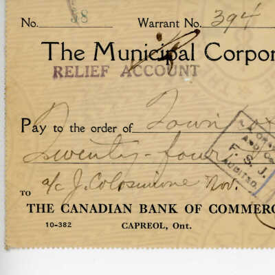 Cheque Written to the Municipal Corporation of the Town of Capreol, 1936 of J. Colosumine