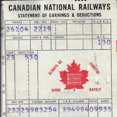 Canadian National Statement of Earnings and Deductions belonging to Frank Mazzuca