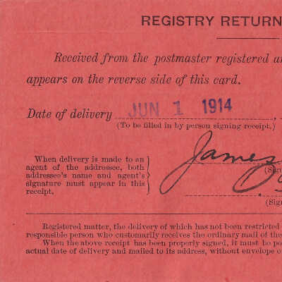 Registered Article Post Receipt, 39285, James C. Hutchins, June 01 1914