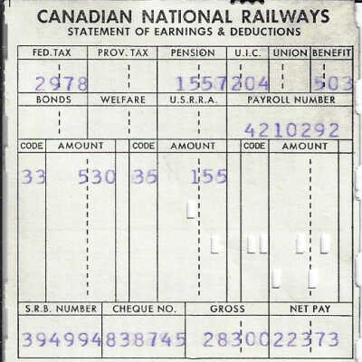 Canadian National Statement of Earnings and Deductions belonging to Frank Mazzuca