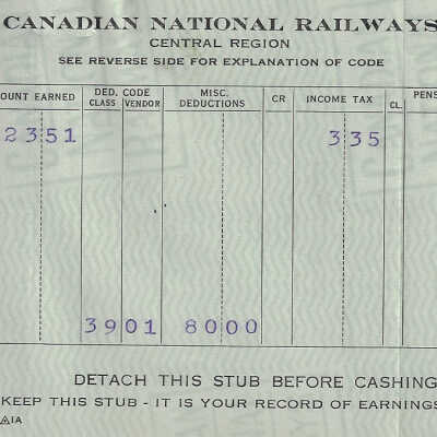 Canadian National Statement of Earnings and Deductions belonging to Frank Mazzuca