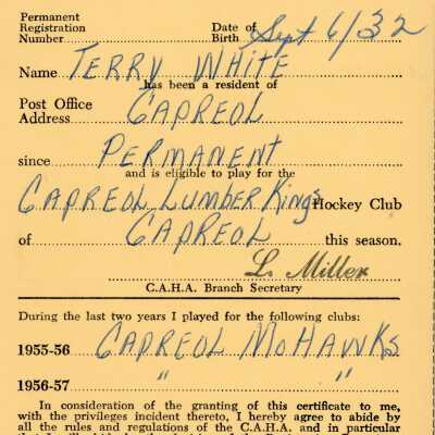 Hockey Player's Registration Certificate belonging to Terry White