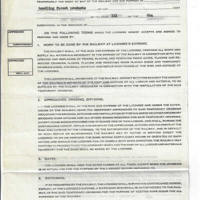 Canadian National License for Temporary Crossing: Oba River Timber Company Mile 111