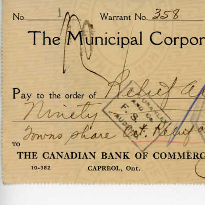 Cheque Written to the Municipal Corporation of the Town of Capreol, 1936 of Towns Phase Oct. Relief a/c