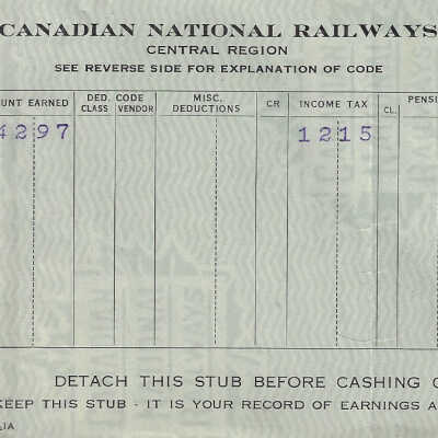 Canadian National Statement of Earnings and Deductions belonging to Frank Mazzuca