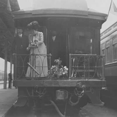 Photograph, Lady Aberdeen at C.P.R. (Canadian Pacific Railway) Station.