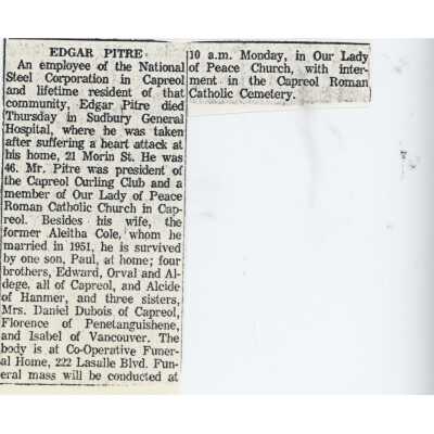 Document, Obituary, Edgar Pitre.