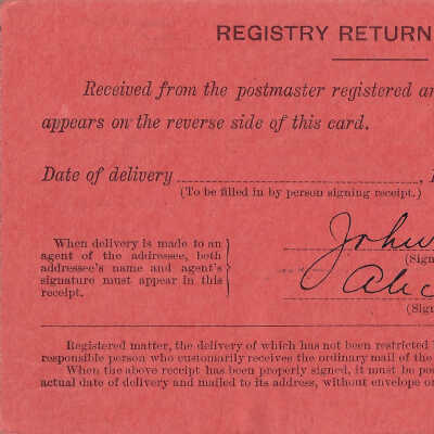Registered Article Post Receipt, 39291, John C. Spry, Chicago, Illinois, June 01 1914