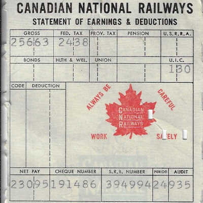 Canadian National Statement of Earnings and Deductions Belonging to Frank Mazzuca