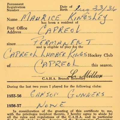Hockey Player's Registration Certificate belonging to Maurice Kingsley