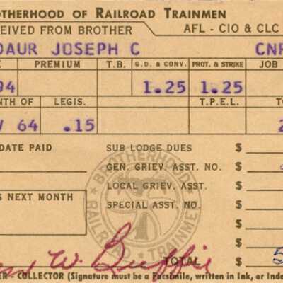 Brotherhood of Railroad Trainmen Lodge 894, Receipt for Dues, Joseph C. Gaudaur, November 1964