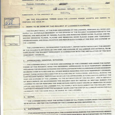Canadian National License for Temporary Crossing: Oba River Timber Company Mile 109.45