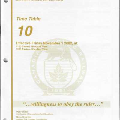 CP Rail Northern Ontario Service Area Timetable 10
