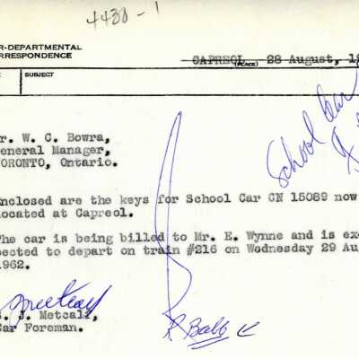 Document, School Car CN 15089 Capreol Keys Notification.