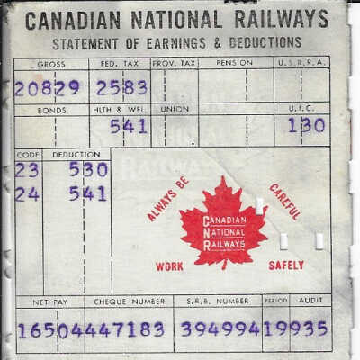 Canadian National Statement of Earnings and Deductions belonging to Frank Mazzuca