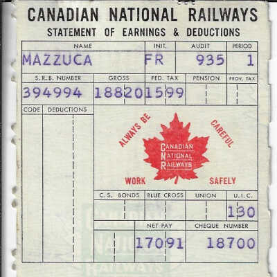 Canadian National Statement of Earnings and Deductions belonging to Frank Mazzuca