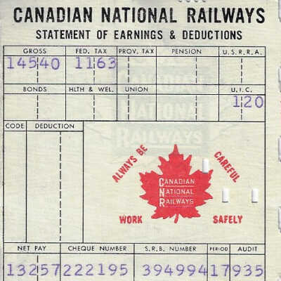 Canadian National Statement of Earnings and Deductions Belonging to Frank Mazzuca