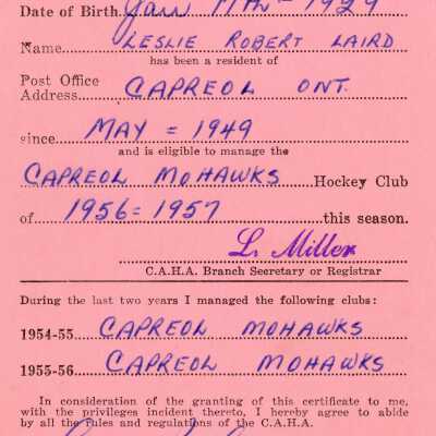 Team Manager's Registration Certificate belonging to Leslie Robert Laird