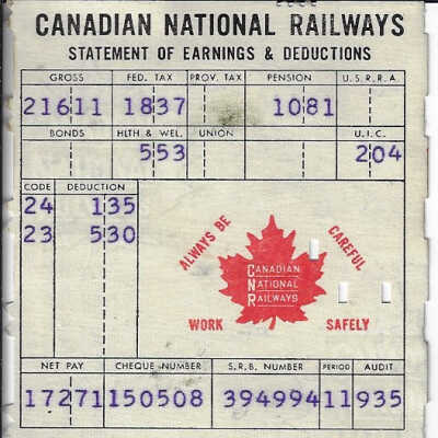 Canadian National Statement of Earnings and Deductions belonging to Frank Mazzuca
