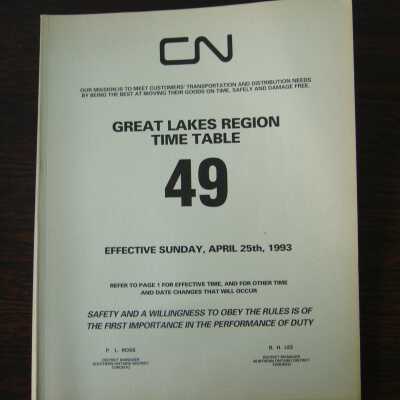 CN Great Lakes Region Time Table No. 49, Effective Sunday, April 25th, 1993