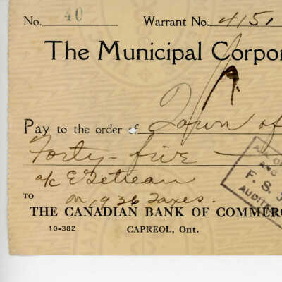 Cheque Written to the Municipal Corporation of the Town of Capreol, 1936 of E. Netreau