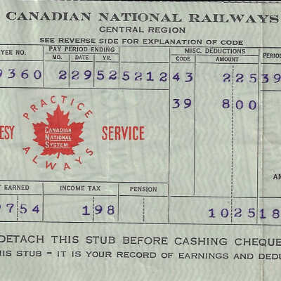 Canadian National Statement of Earnings and Deductions belonging to Frank Mazzuca