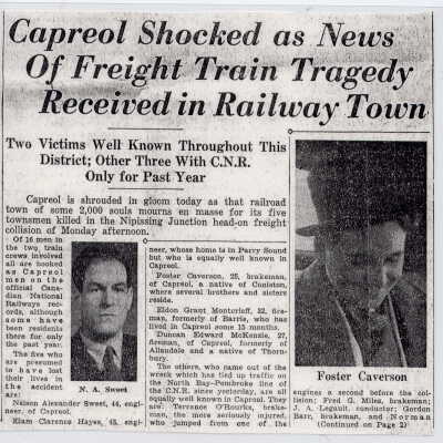 Newspaper Clipping - Capreol Shocked as News of Freight Train Tragedy Received in Railway Town