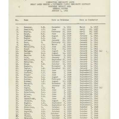 Document, Seniority List, Canadian National Railway, Northern Ontario Division.