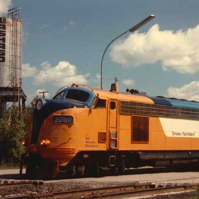 Photograph, CNR Washago Station, Washago, Ontario. ONR Locomotive 2000.