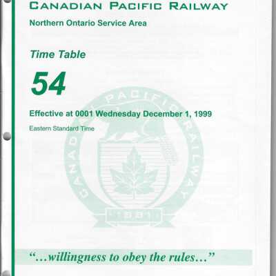 CP Rail Northern Ontario Service Area Timetable 54
