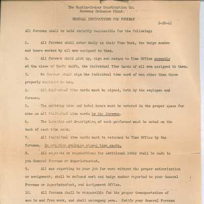 Hunkin-Conkey Construction Co. Geberal Instructions for Forman