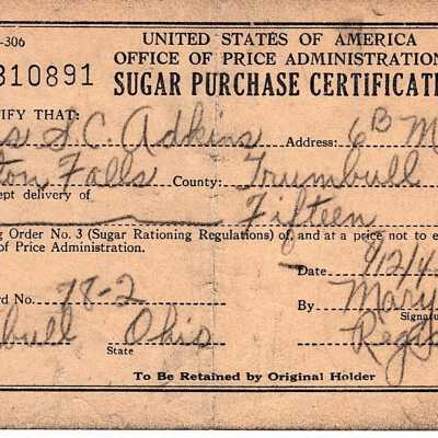 Sugar Purchase Certificate and Envelope