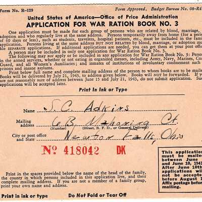 S. C. Adkins War Ration Book 3 Application