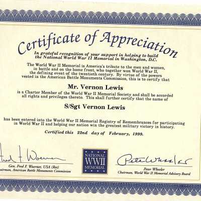 World War II Memorial Certificate of Appreciation
