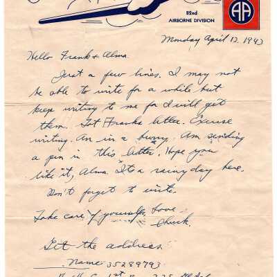 Charles Ticknor World War II Letter and Envelope, April 12, 1943