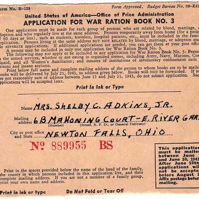 Mrs. Shelby C. Adkins, Jr. War Ration Book 3 Application