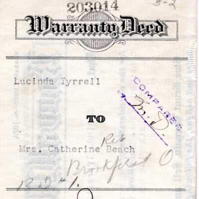 Warranty Deed from Lucinda Tyrrell to Catherine Beach, 1936.