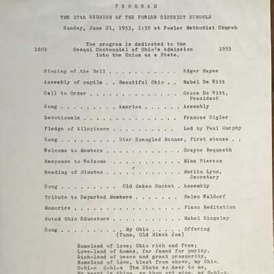 Fowler School Reunion Program, 1953