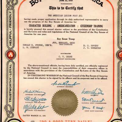 Boy Scout Troop #99 1941 charter