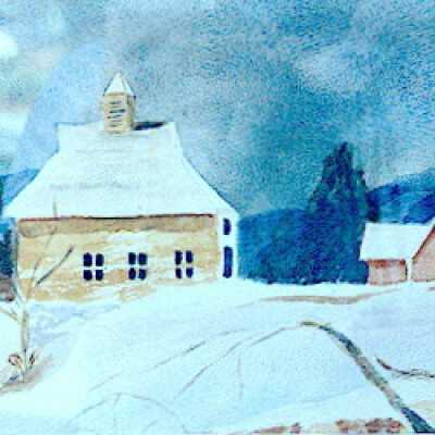 Untitled (2 houses on blue hills)