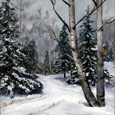 Untitled (2 trees on winter road)