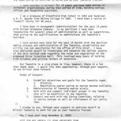 Letter about running for Bristol Township Trustee