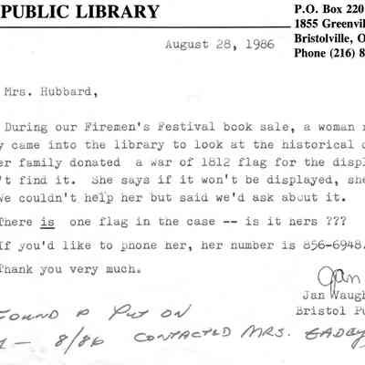 Letter/Note, 1986 to Bristol Public Library