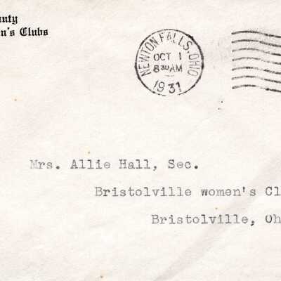 Envelope/ Letter Bristolville Woman's Club, 1931