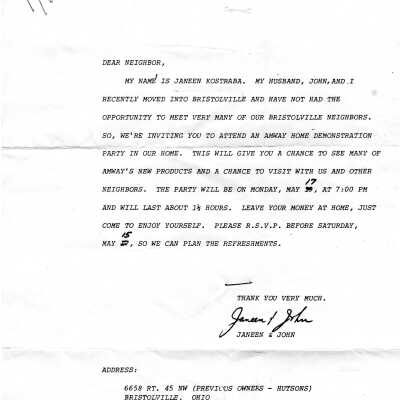 Invitation to meet neighbors,1982